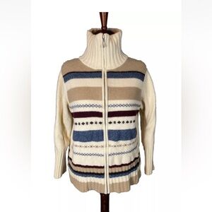Vintage Crazy Horse Lambswool Sweater Cream Striped Full Zip Cardigan Size 2XL